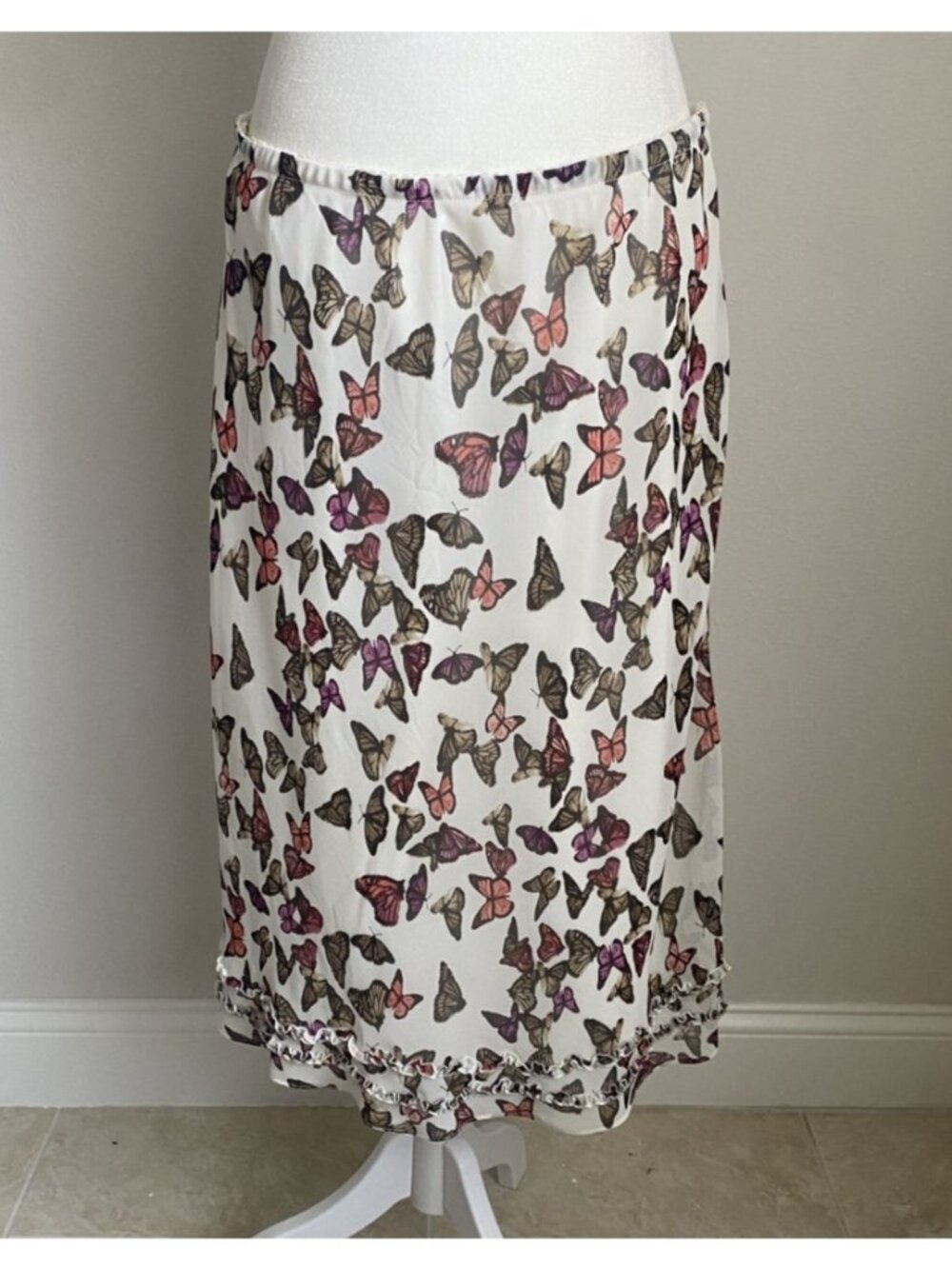 East 5th Women's Large White Chiffon All Over Butterfly Midi Skirt y2k